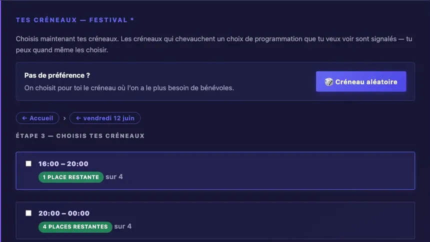 Formulaire d’inscription bénévole avec ses créneaux et places restantes — Bénévènement, logiciel de gestion des bénévoles